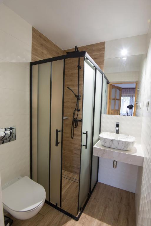 łazienka z prysznicem, umywalką obiekt Willa Pod Jasieniami w mieście Białka Tatrzanska