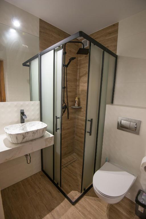 łazienka z prysznicem, toaletą, umywalką i lustrem w obiekcie Willa Pod Jasieniami w mieście Białka Tatrzanska