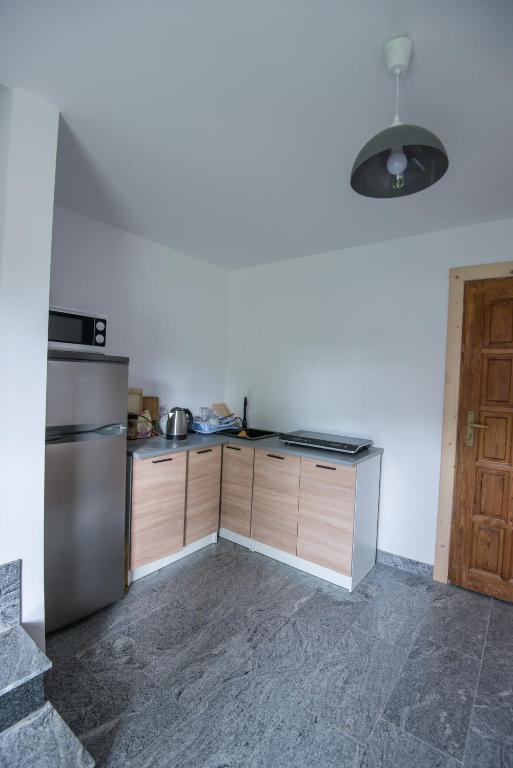 kuchnia z lodówką i szafkami w obiekcie Willa Pod Jasieniami w mieście Białka Tatrzanska