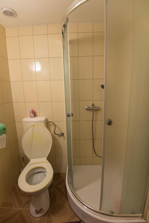 łazienka z prysznicem i toaletą w obiekcie Pokoje u Cekusa w mieście Białka Tatrzanska