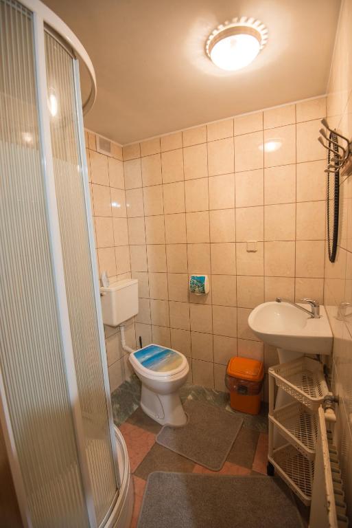 łazienka z toaletą, prysznice i umywalką obiekt Pokoje u Cekusa w mieście Białka Tatrzanska