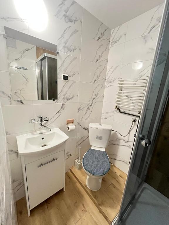 łazienka z umywalką, toaletą i prysznicem obiekt Pokoje u Cekusa w mieście Białka Tatrzanska